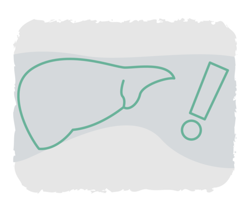 Grafische Darstellung einer Leber, daneben ein Ausrufezeichen.