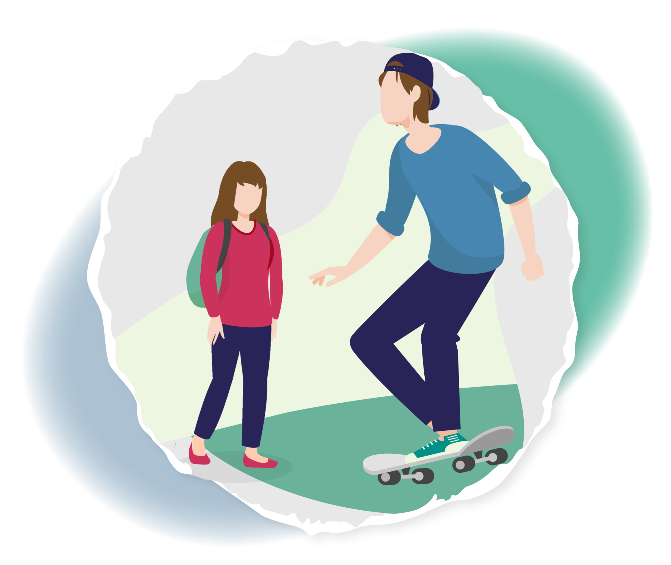 Leben mit CML: Kinder von 13 bis 18 Jahren Grafische Darstellung eines Mädchens und eines Jungen auf einem Skateboard.