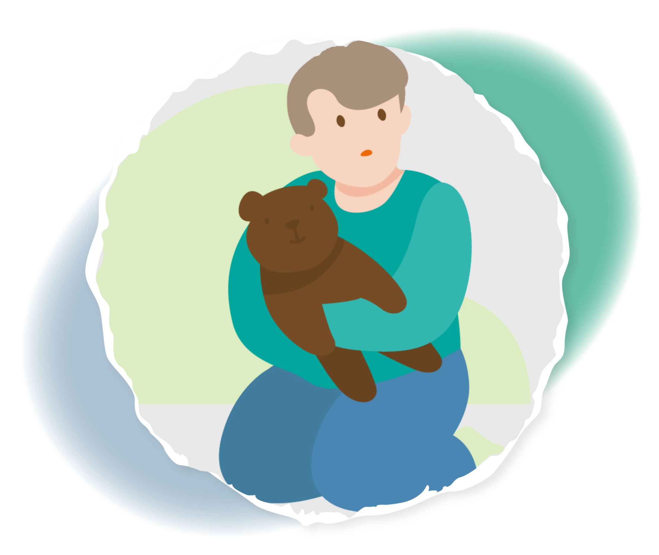 Grafische Darstellung eines Kindes mit einem Teddybären im Arm.