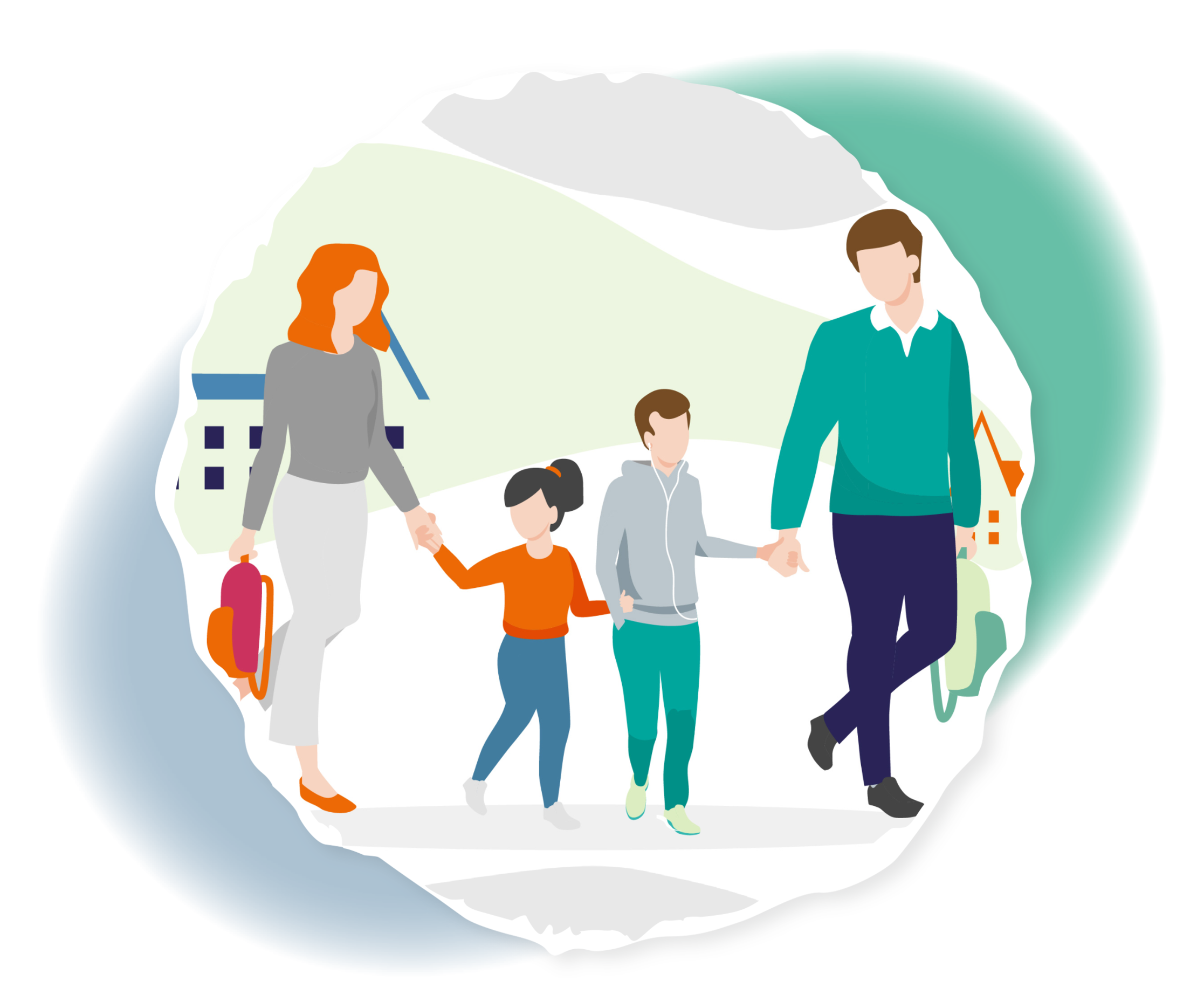 Eine Frau, ein Mann und zwei Kindern, die sich an den Händen halten.