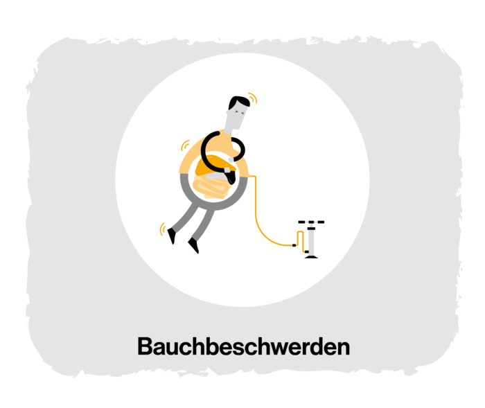 MF: Bauchbeschwerden Grafik einer Person, deren Bauch aufgedunsen ist und in deren Inneren man die Organe sieht. An den Bauch angeschlossen ist eine Luftpumpe.