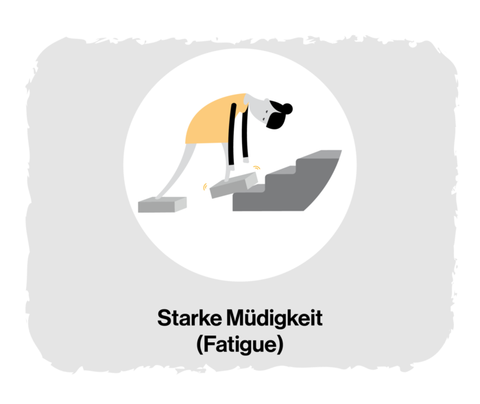 MF: Starke Müdigkeit (Fatigue) Grafik einer Frau, die in gebückter Haltung versucht, eine Treppe hinaufzugehen. Ihre Füße sind als Ziegelsteine dargestellt.