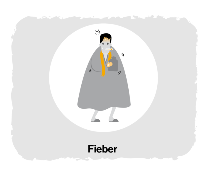 Grafik einer Person, die in eine Decke gehüllt ist und ein Fieberthermometer im Mund hat. 
