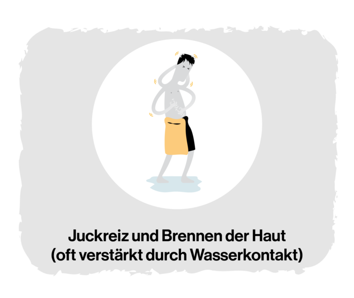 MF: Juckreiz und Brennen der Haut Grafik einer Person, die ein Handtuch um die Hüften gebunden hat und die sich überall am Körper kratzt.
