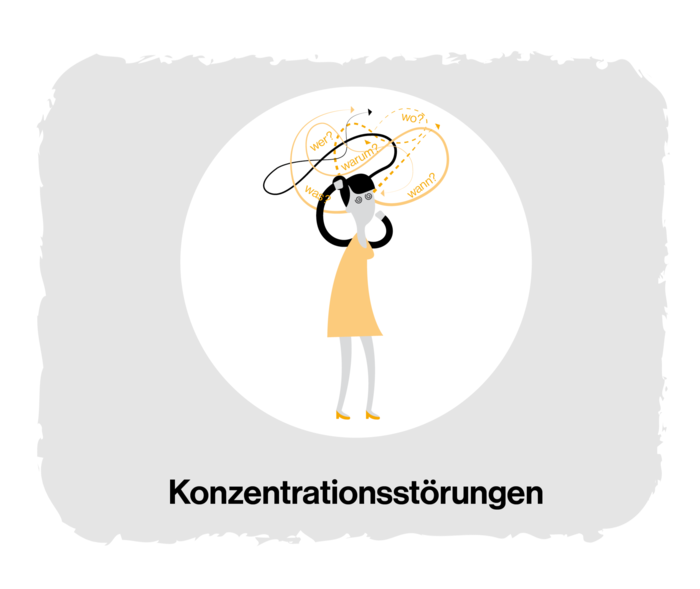 MF: Konzentrationsstörungen Grafik einer Frau, die sich an den Kopf fasst. Um den Kopf herum sind viele Kreise, Punkte und Wörter zu sehen.