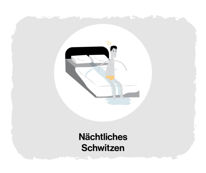 MF: Nächtliches Schwitzen Grafik einer Person, die auf der Bettkante sitzt und deren Umgebung durchnässt ist.