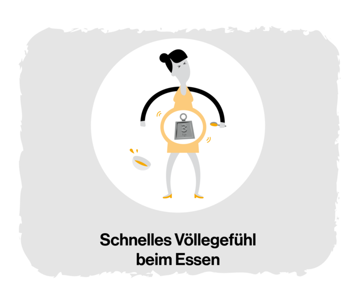 MF: Völlegefühl beim Essen Grafik einer Frau, die einen aufgeblähten Bauch hat. Im Inneren sieht man ein Gewicht.