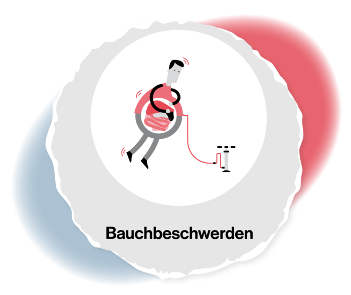 Grafik einer Person, deren Bauch aufgedunsen ist und in deren Inneren man die Organe sieht. An den Bauch angeschlossen ist eine Luftpumpe. 