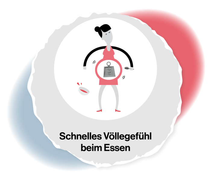 PV: Völlegefühl beim Essen Grafik einer Frau, die einen aufgeblähten Bauch hat. Im Inneren des Bauches sieht man ein Gewicht.