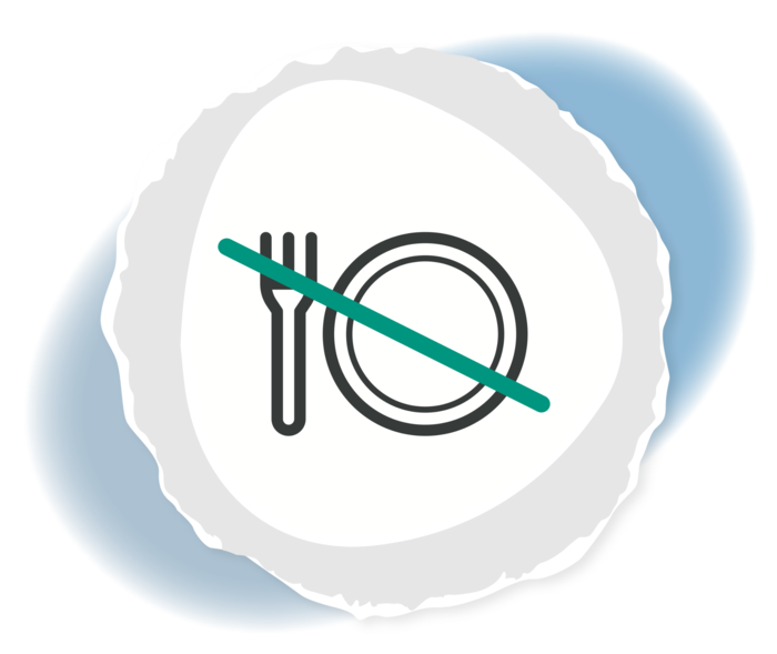 Eine durchgestrichene Grafik eines Tellers mit danebenliegender Gabel.