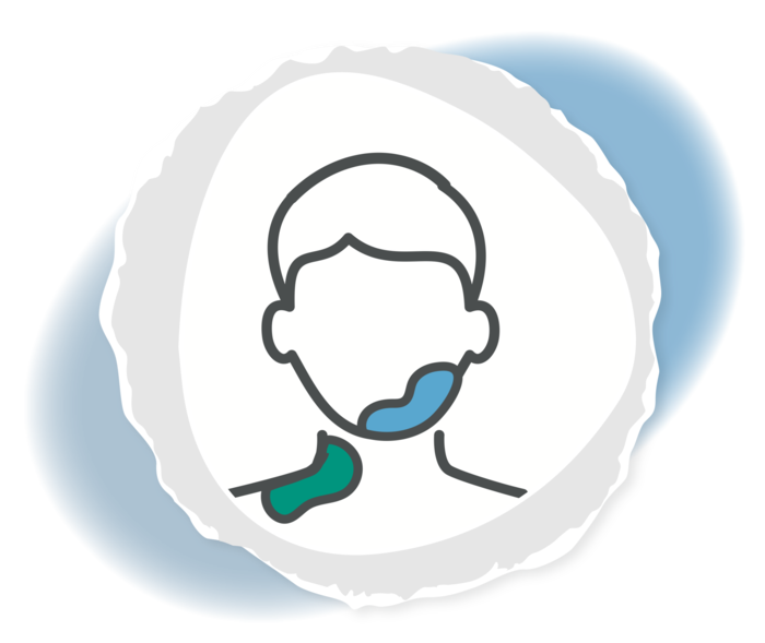 Die Grafik eines Kopfes mit einer blauen und grünen Stelle am Kinn und am Hals. 