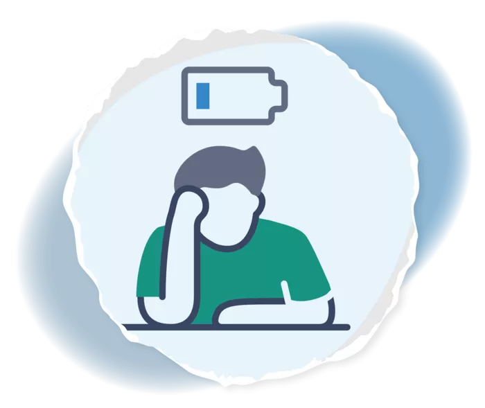 Das Bild zeigt eine männliche Figur mit einer leeren Batterie über dem Kopf.