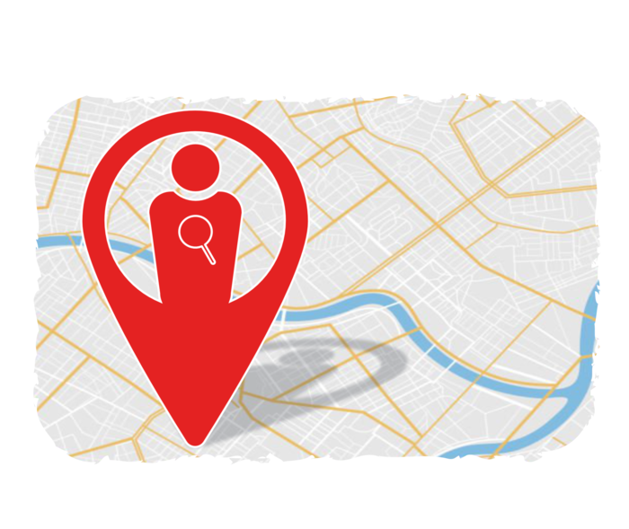 Icon für den Zentrumsfinder: eine Karte, auf der eine Ortsmarkierung abgebildet ist. 