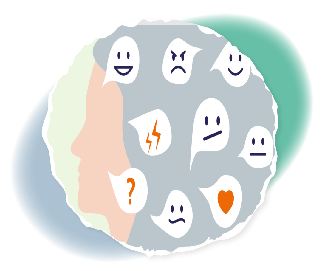 Leben mit CML: Emotional Schematische Darstellung einer Frau mit verschiedenen Smileys, die unterschiedliche Emotionen darstellen.
