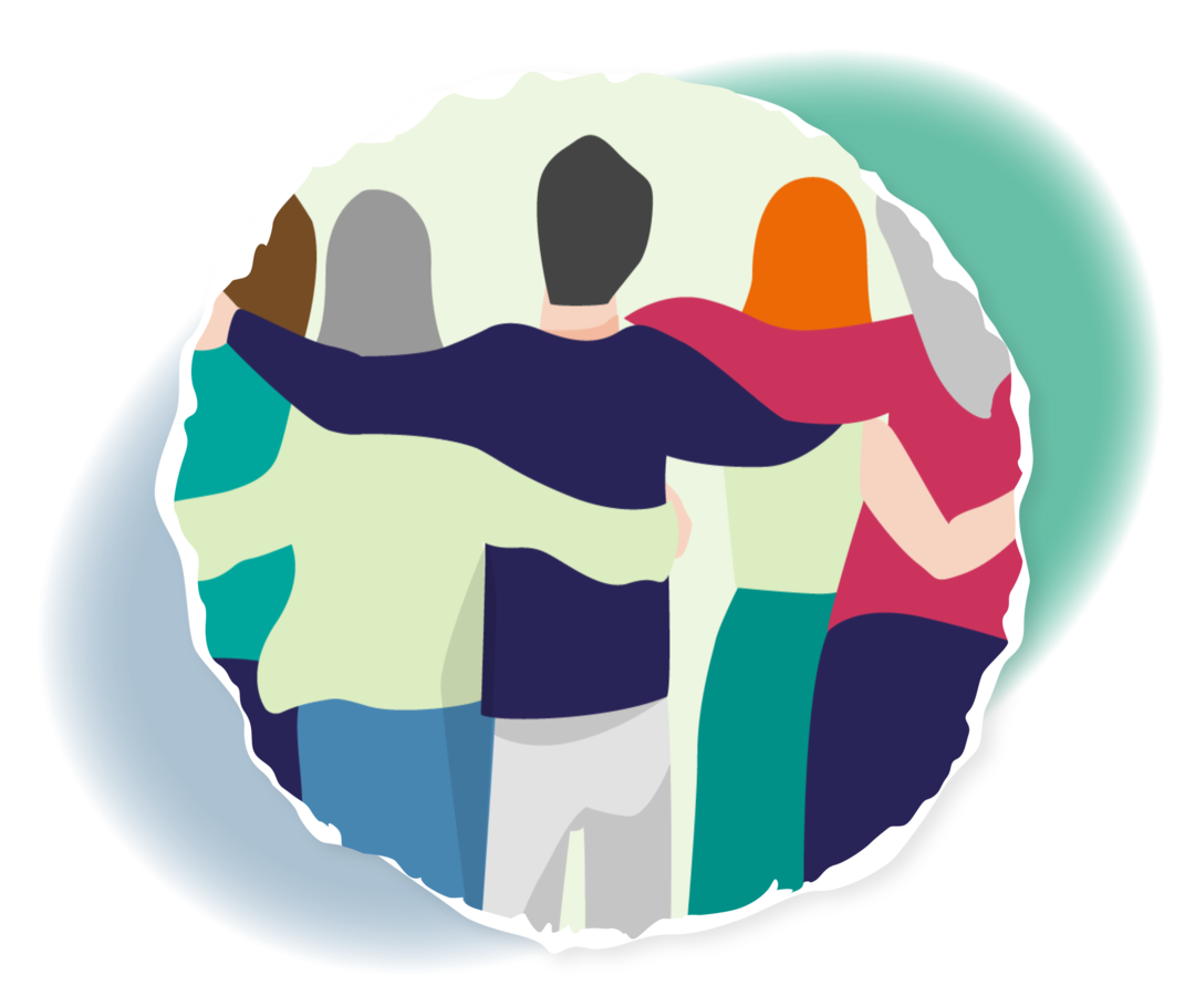 Grafische Darstellung von sechs Menschen, die sich in den Armen liegen.