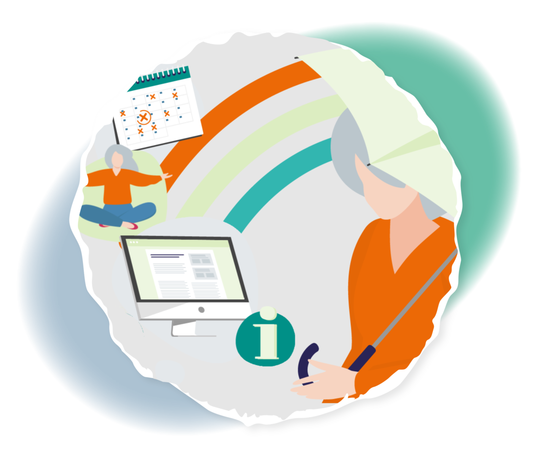 Grafische Darstellung einer Frau, die einen Regenschirm hält. Rechts von ihr ist Regen dargestellt, links von ihr ein Regenbogen und verschiedene Symbole: ein Kalender, ein Computer und eine Frau im Schneidersitz.  