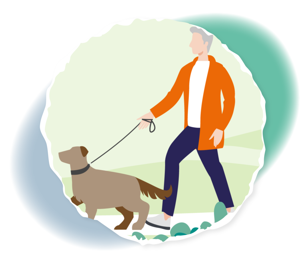 Grafische Darstellung eines Mannes, der mit einem Hund spazieren geht.