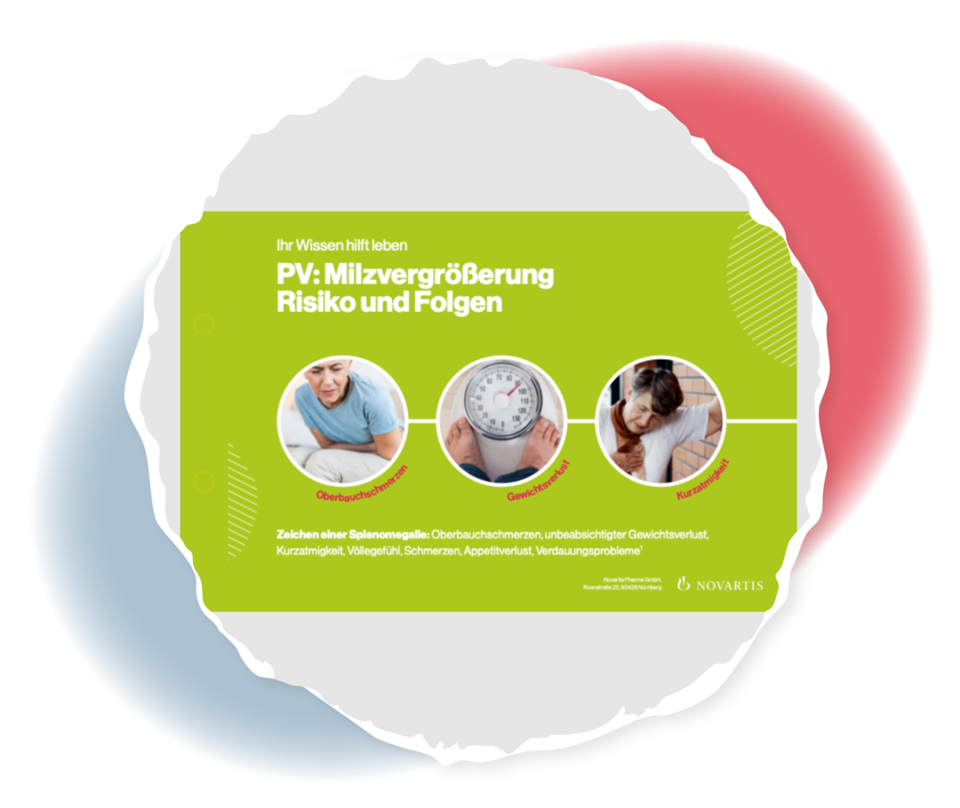 Titelseite der Themenkarte „PV: Milzvergrößerung – Risiko und Folgen“.