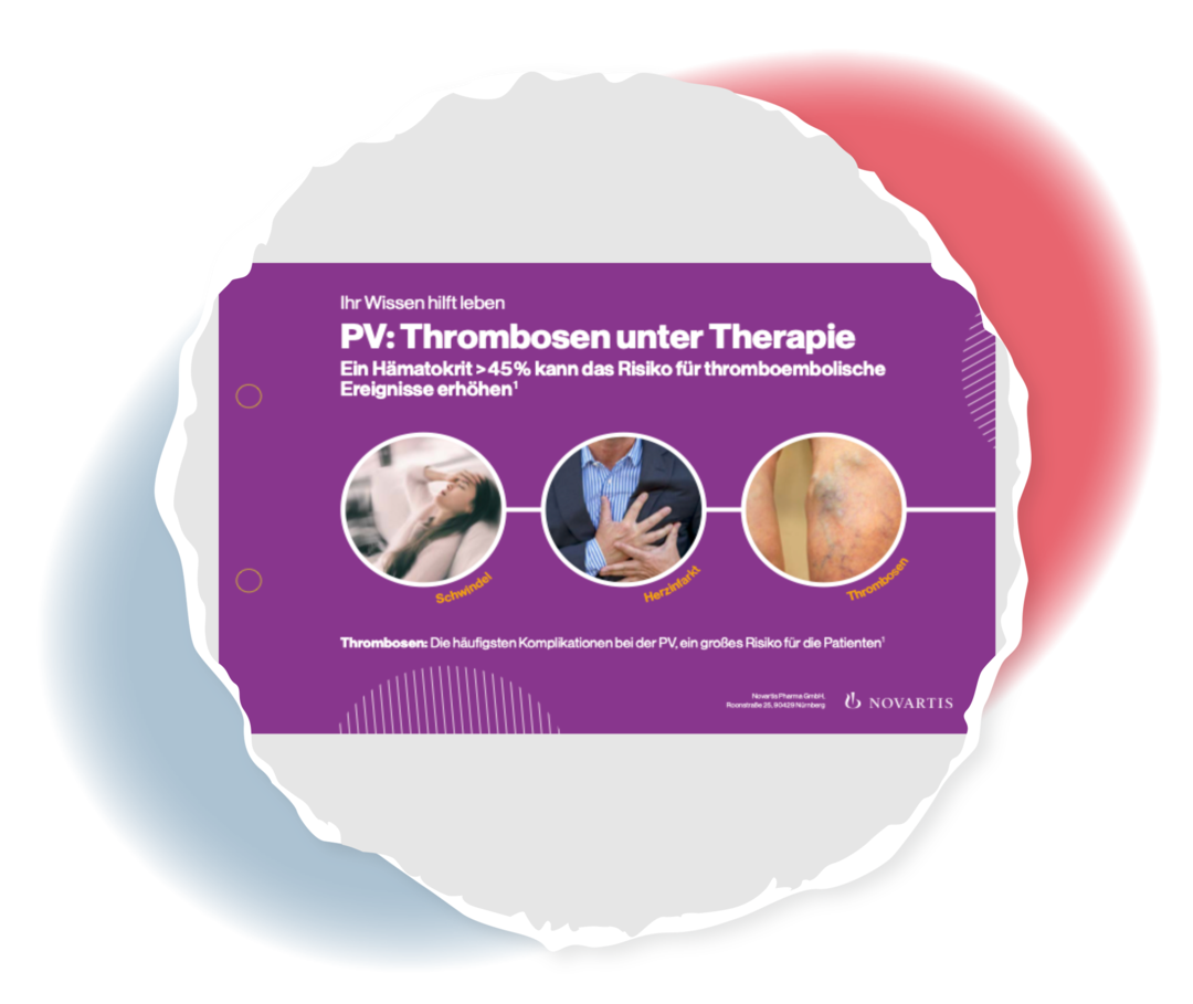 Titelseite der Themenkarte „PV: Thrombosen unter Therapie“.
