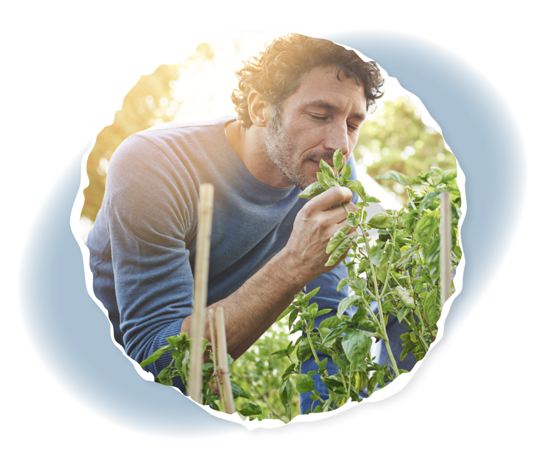 Selbstfürsorge für Angehörige: Neu orientieren Ein Mann mit geschlossenen Augen hält seine Nase an eine Pflanze.