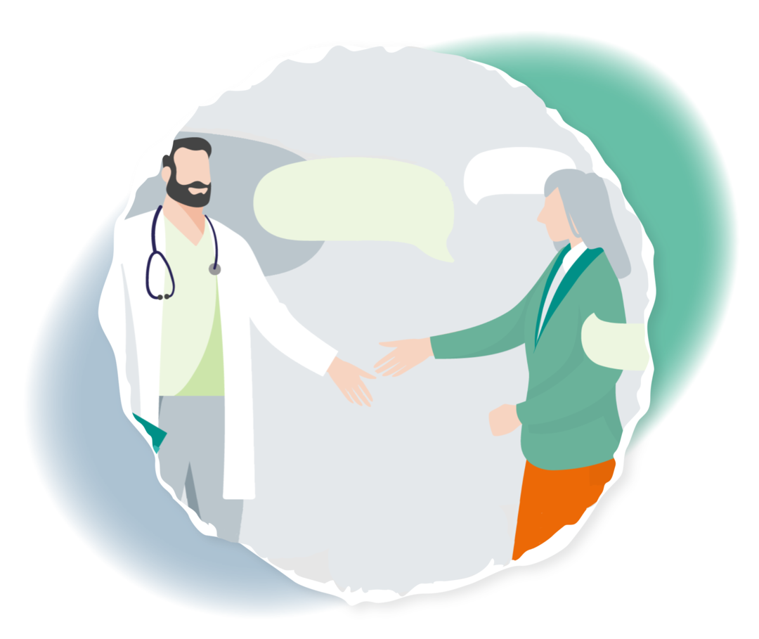 Leben mit CML: Hilfreiche Arztgespräche  Schematische Darstellung eines Arztes und einer Frau, die sich die Hände entgegenstrecken. Um sie herum sind mehrere Sprechblasen.