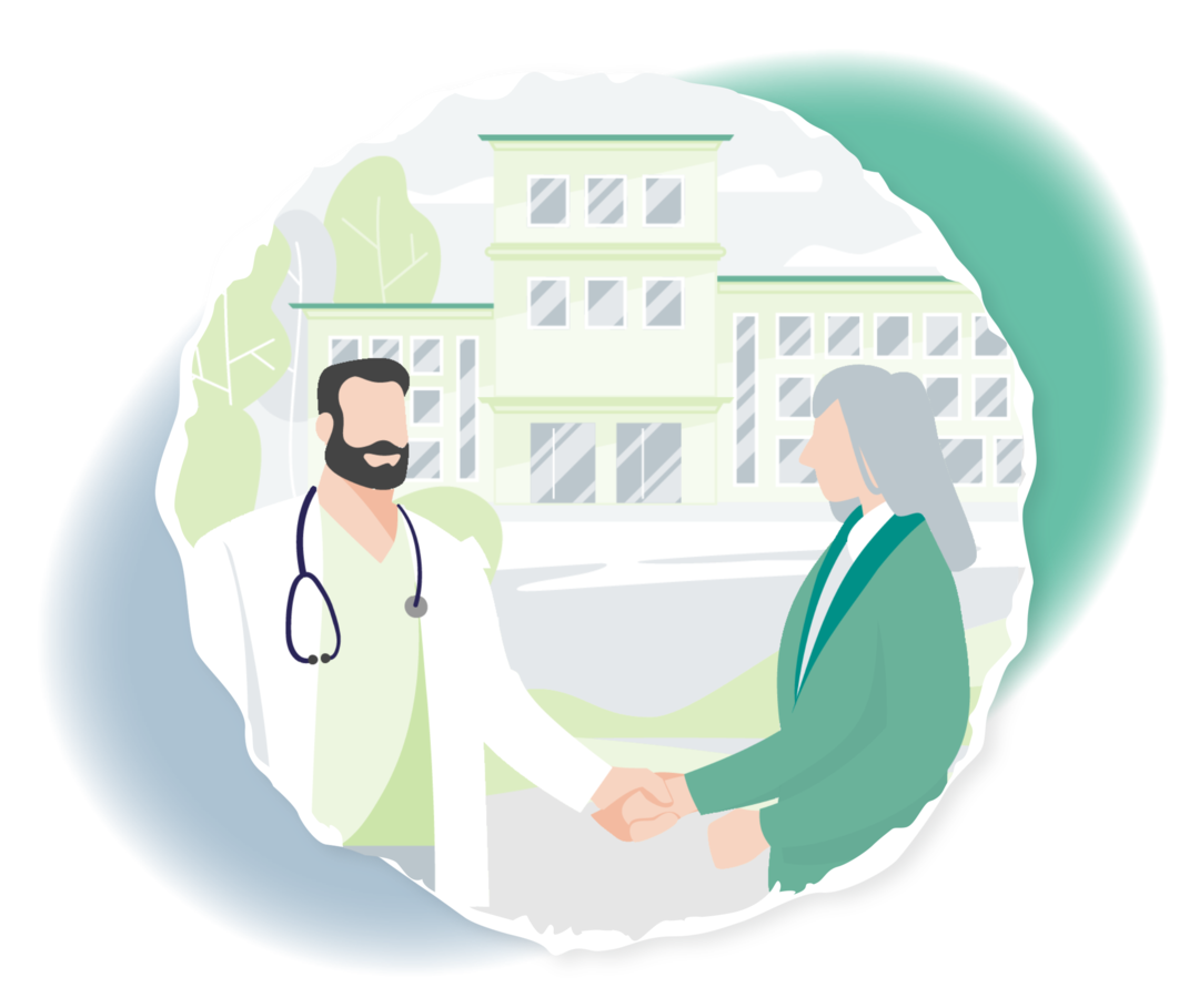 Leben mit CML: Arztgespräch aus Ärztesicht Schematische Darstellung eines Arztes und einer Frau, die sich die Hand geben. Im Hintergrund ist ein Gebäude dargestellt.