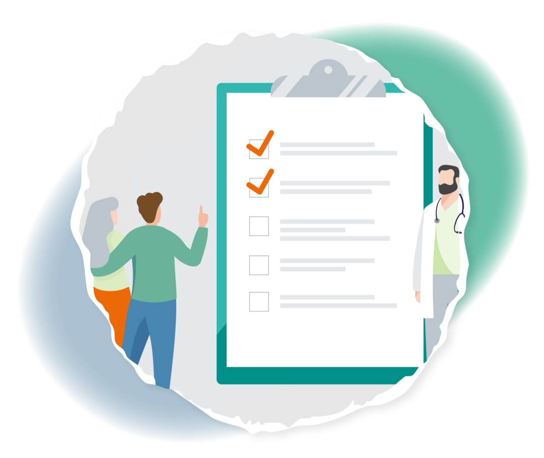 Leben mit CML: Checkliste  Schematische Darstellung eines Arztes und zweier Personen, die vor einem Klemmbrett mit Checkliste in Übergröße stehen.