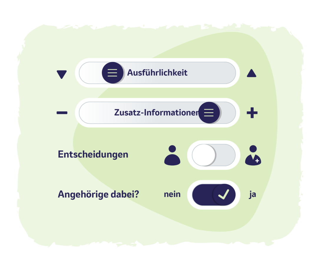 Grafik mit vier Schiebereglern mit unterschiedlichen Aufschriften: Ausführlichkeit, Zusatz-Informationen, Entscheidungen, Angehörige dabei?
