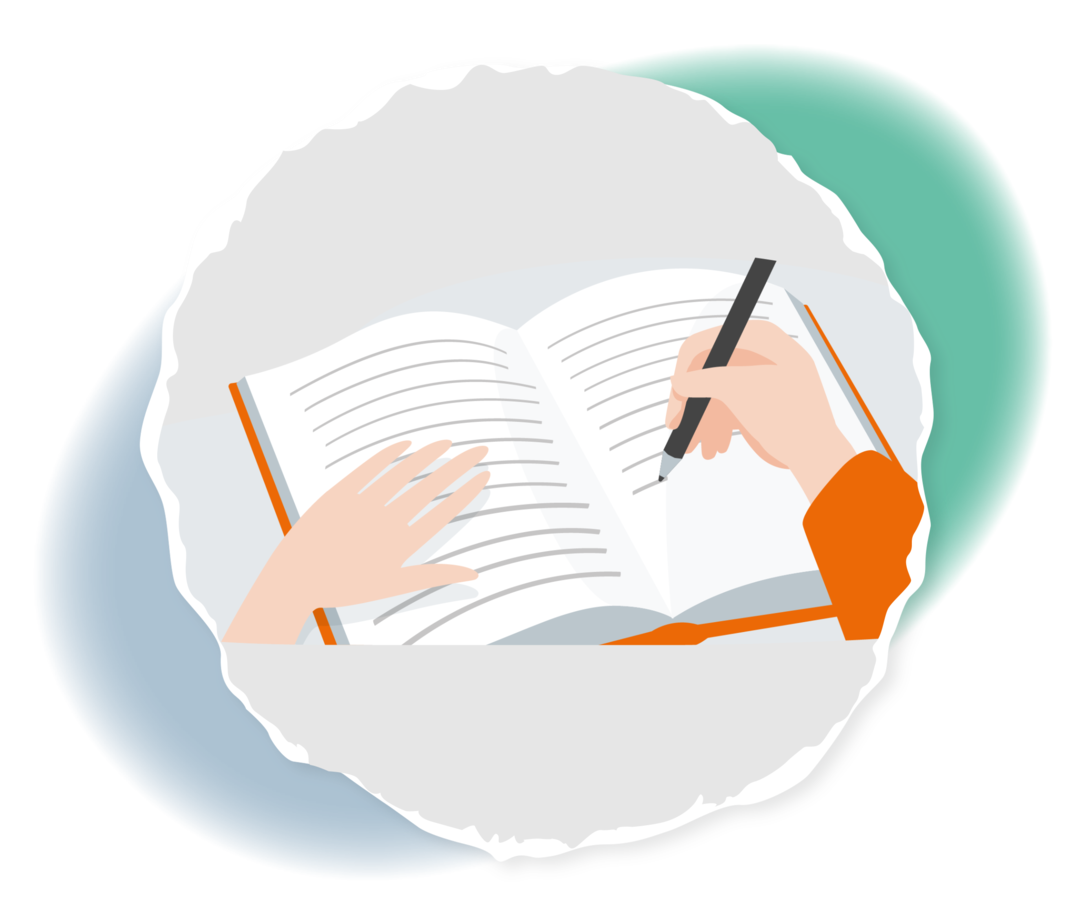 Die Abbildung zeigt, wie jemand in ein Buch schreibt.