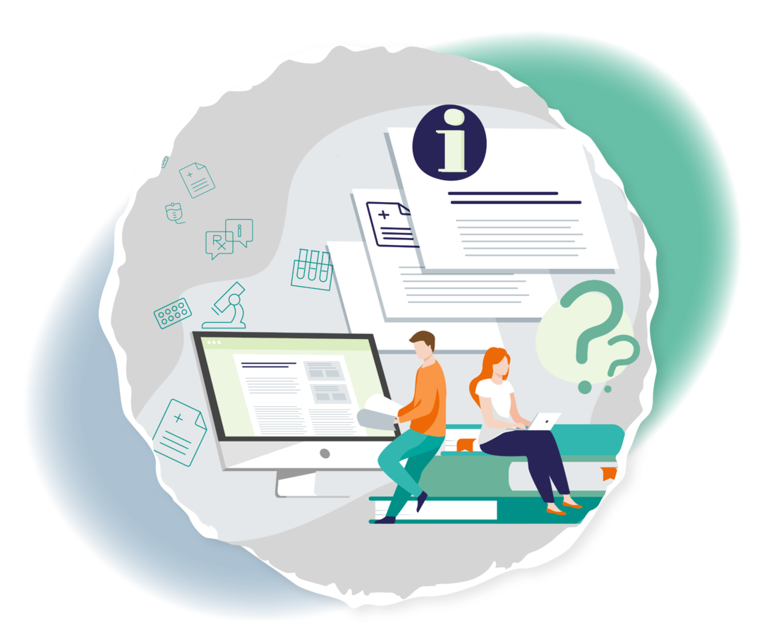 Schematische Darstellung eines Mannes, der ein Buch in den Händen hält, und einer Frau mit einem Laptop auf ihrem Schoß. Um sie herum sind ein Computerbildschirm in Übergröße sowie verschiedene Webseiten dargestellt.