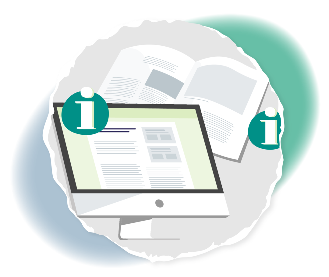 Leben mit CML: Gute Informationen erkennen Schematische Darstellung eines Computerbildschirms und eines Buches.