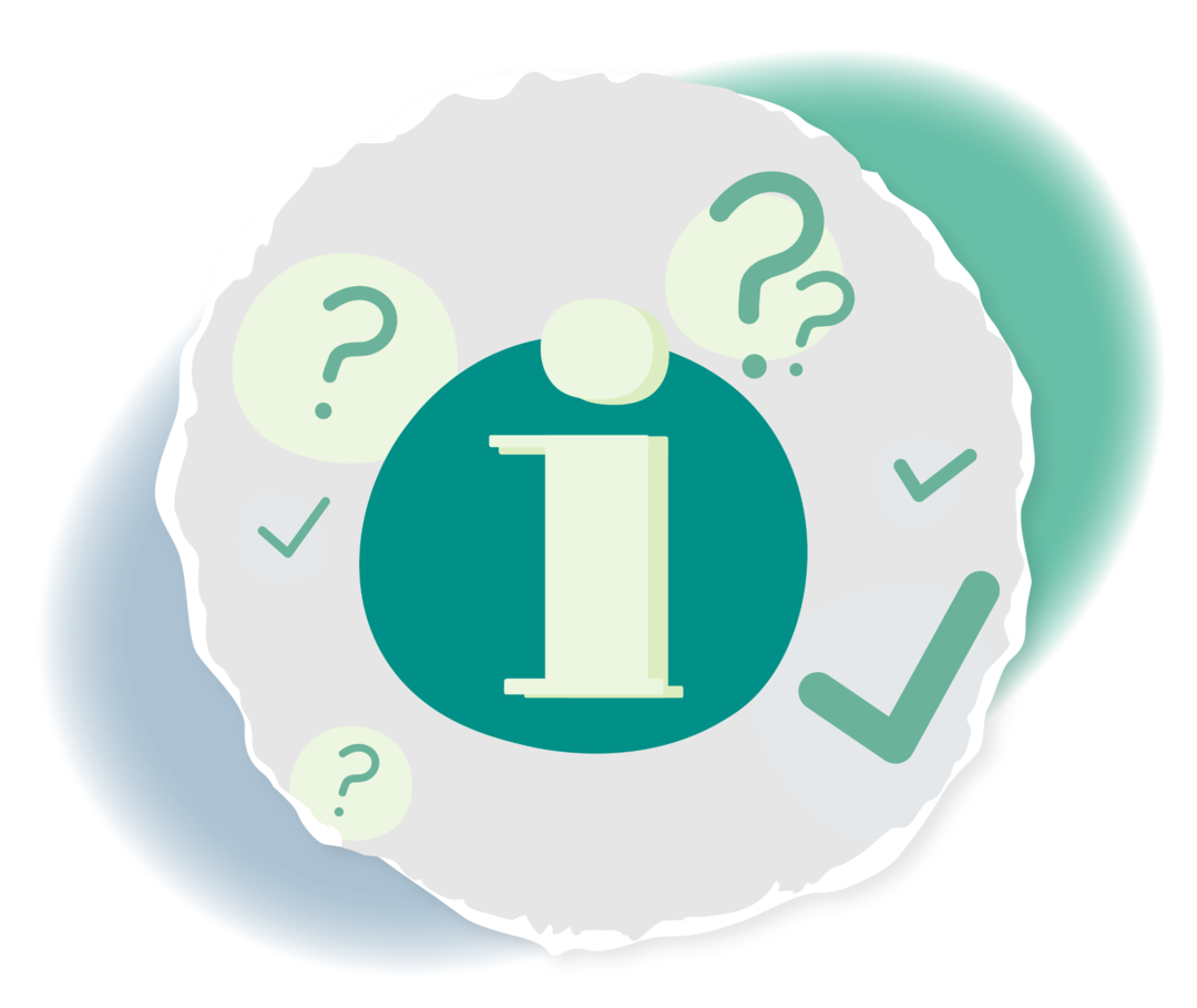 ] Eine Grafik mit dem Buchstaben i in der Mitte. Um ihn herum sind mehrere Fragezeichen und Haken abgebildet.