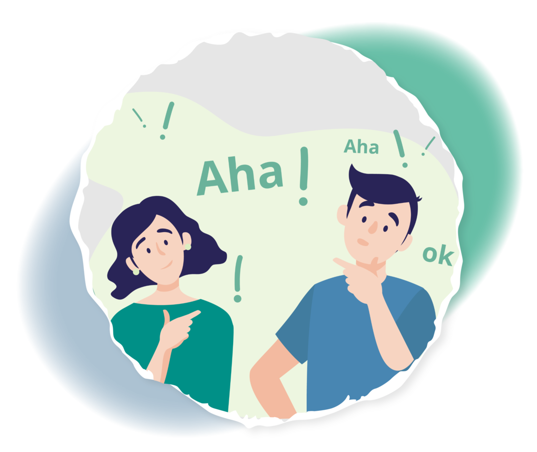 Schematische Darstellung eines Mannes und einer Frau. Um sie herum sind mehrere Ausrufezeichen sowie die Worte Aha und Ok abgebildet.