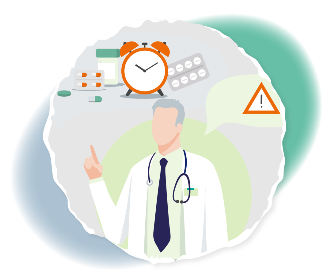 Schematische Darstellung eines Arztes mit gehobenem Zeigefinger. Darüber eine Sprechblase mit einem Wecker und Tabletten, daneben ein Ausrufezeichen.