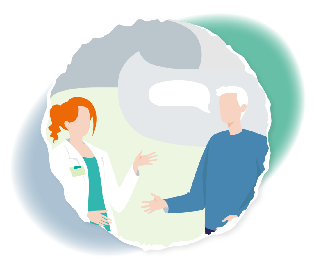 Leben mit CML: Nebenwirkungen thematisieren Schematische Darstellung einer Ärztin und eines Mannes, die sich gegenüberstehen. Neben dem Mund des Mannes ist eine Sprechblase abgebildet.