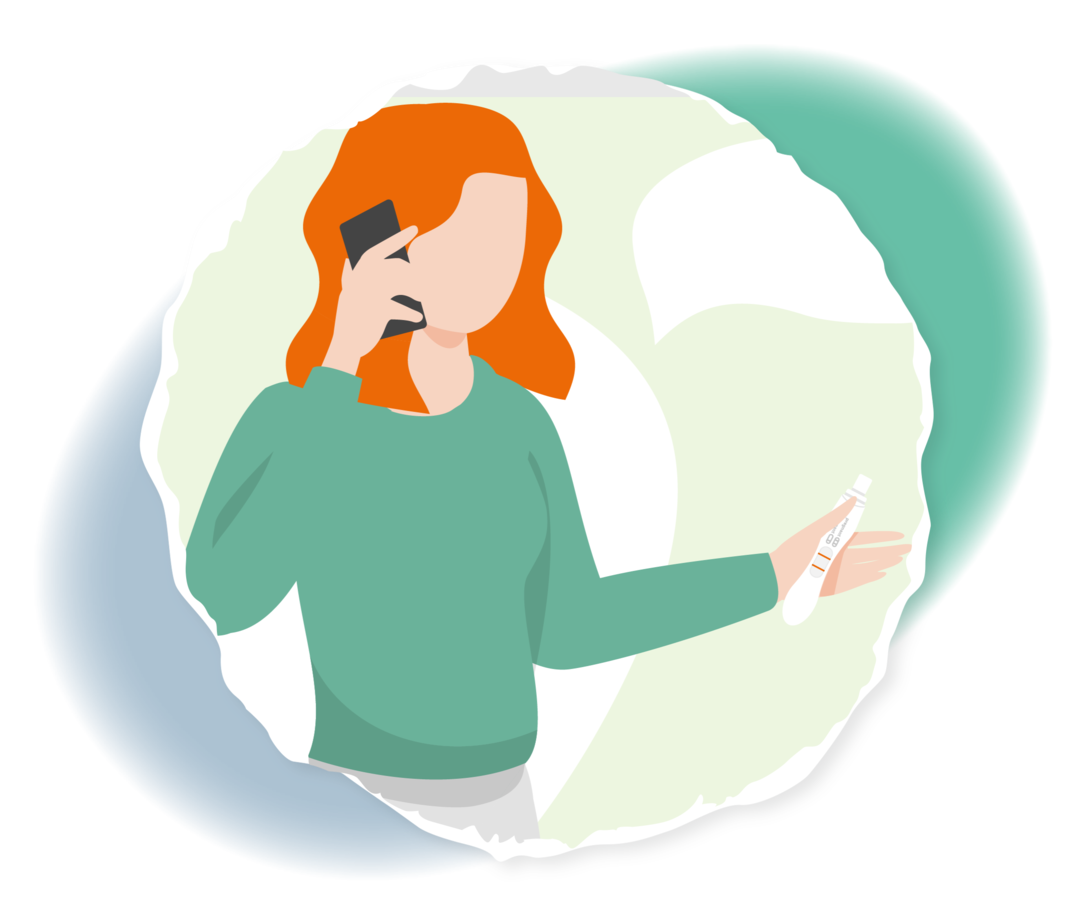 Schematische Darstellung einer Frau, die einen positiven Schwangerschaftstest in der einen Hand und ein Smartphone in der anderen Hand hält.