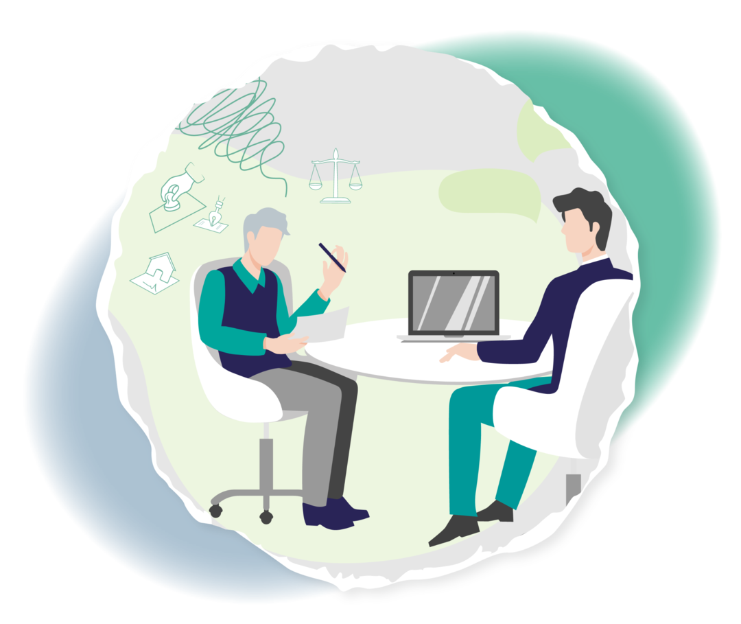 Schematische Darstellung zweier Männer, die an einem Tisch sitzen, auf dem ein Computer steht.