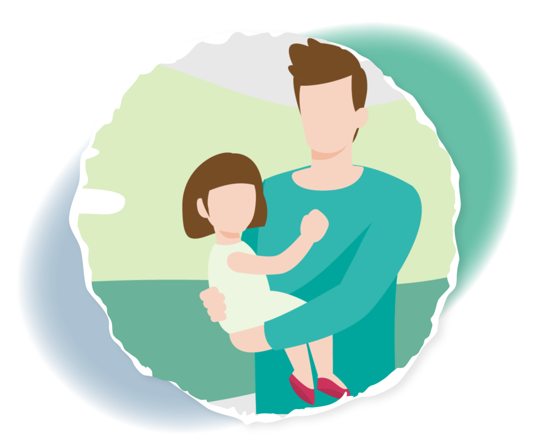 Schematische Darstellung eines Mannes mit einem Kind auf dem Arm.