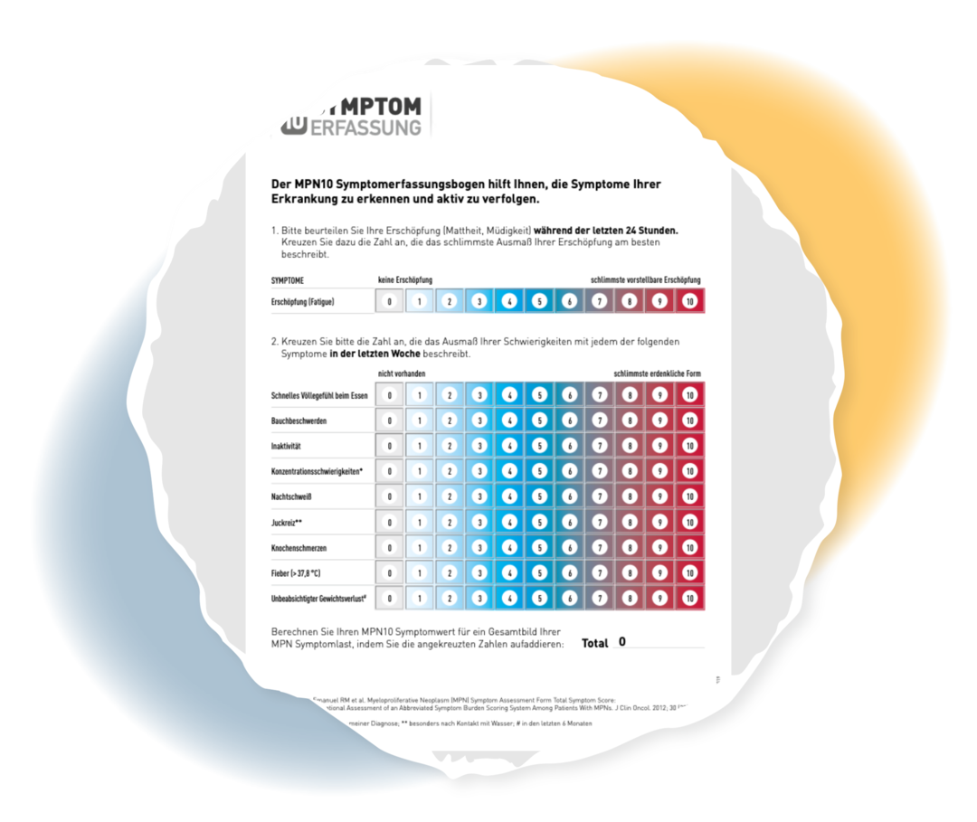 Myelofibrose: MPN 10 Symptomerfassungsbogen Vorschau des MPN10 Symptomerfassungsbogens.