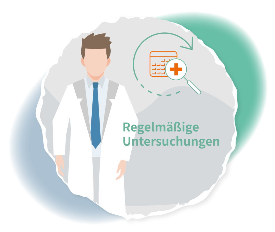Schematische Darstellung eines Mannes in einem weißen Kittel. Daneben ist der Begriff „Regelmäßige Untersuchungen“ abgebildet.