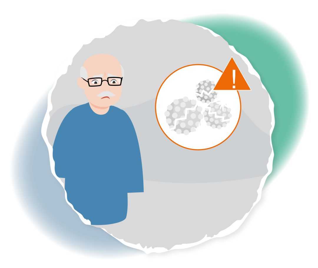 Schematische Darstellung eines älteren Mannes, daneben sind in einem Kreis funktionslose weiße Blutkörperchen abgebildet. 