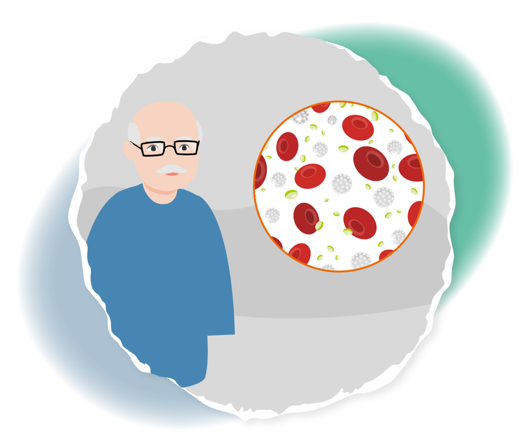 Schematische Darstellung eines älteren Mannes mit neutralem Gesichtsausdruck. Daneben sind in einem Kreis rote und weiße Blutkörperchen sowie Blutplättchen abgebildet.