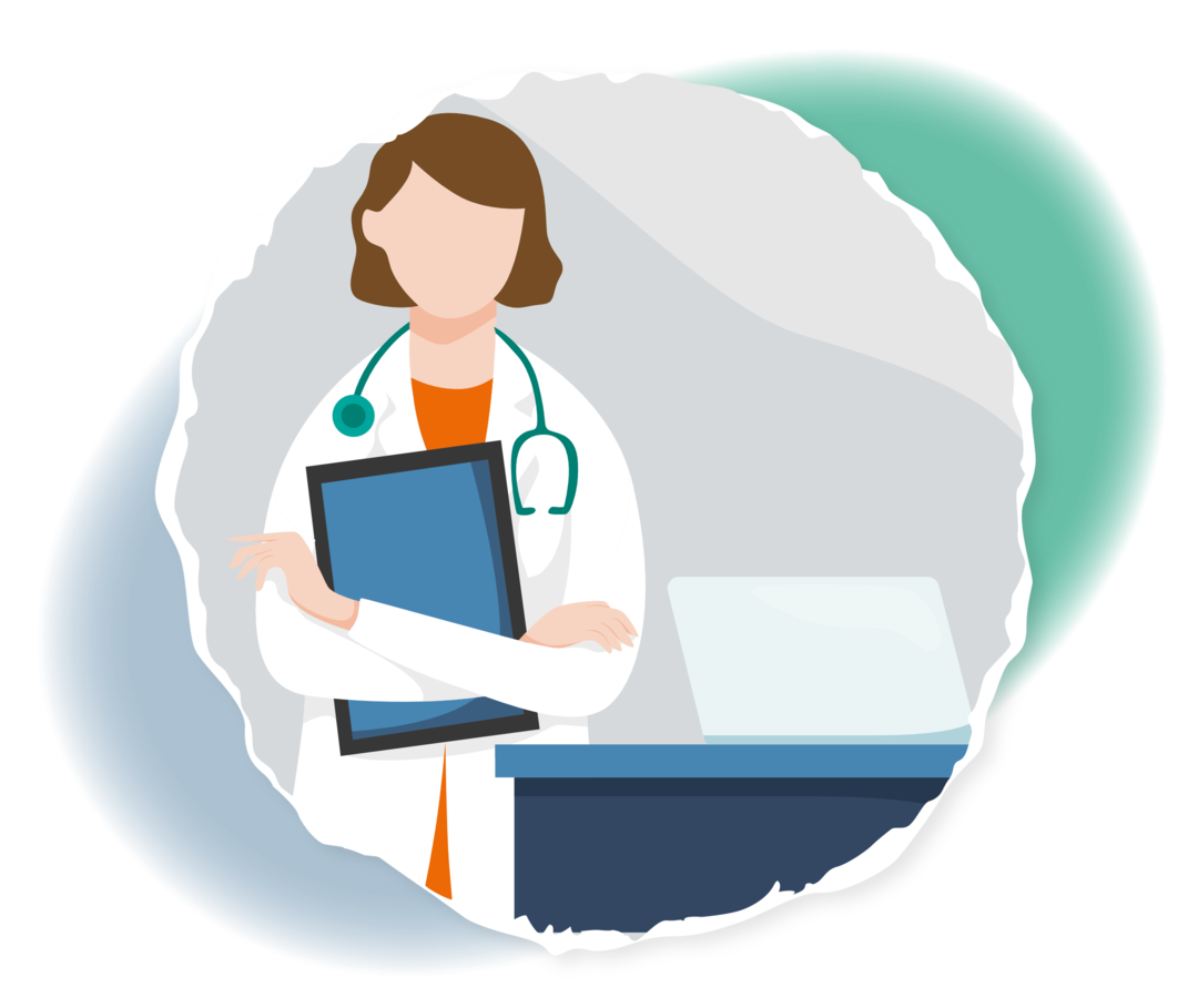 Schematische Darstellung einer Frau, die einen weißen Kittel trägt, ein Stethoskop um den Hals trägt und mit verschränkten Armen ein Klemmbrett hält.