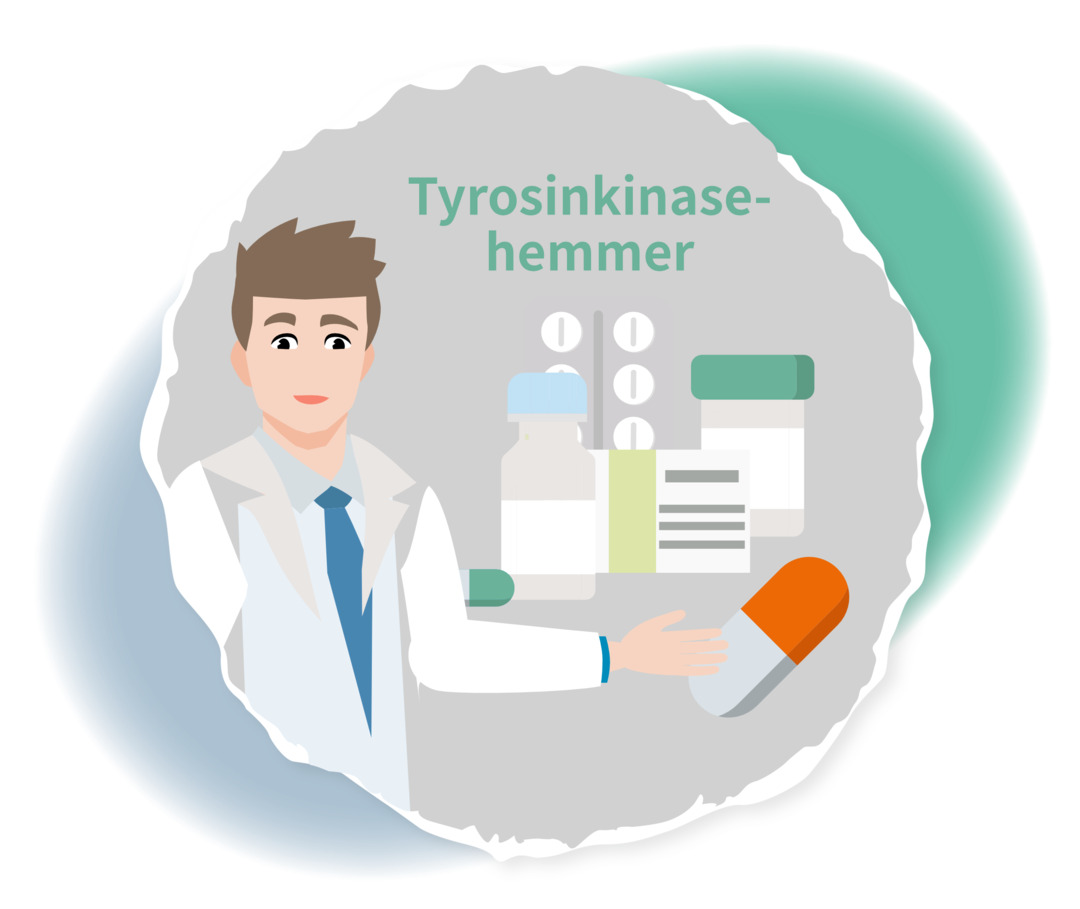 Grafische Darstellung eines Arztes mit Medikamenten. Eine Tablette ist als Tyrosinkinasehemmer gekennzeichnet.