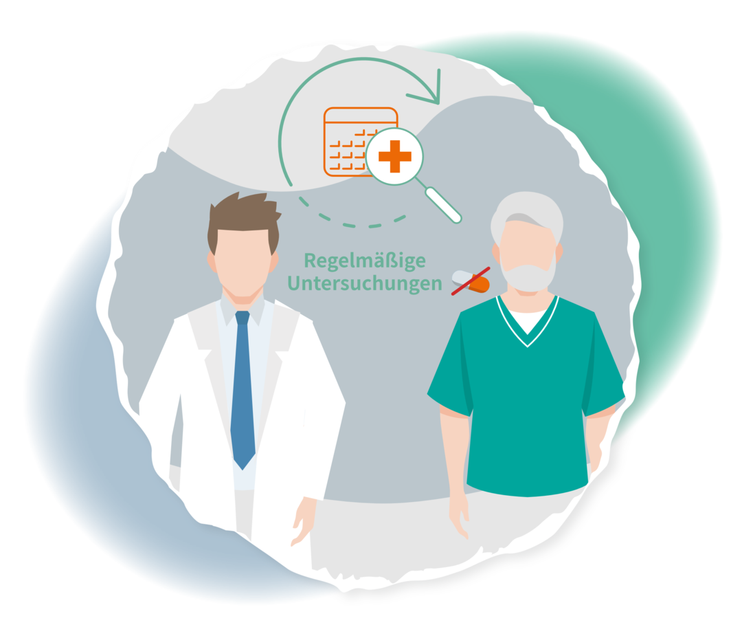 CML: regelmäßige Untersuchungen Schematische Darstellung zweier Männer. Einer von ihnen trägt einen weißen Kittel. In der Mitte ist der Begriff „Regelmäßige Untersuchungen“ abgebildet.