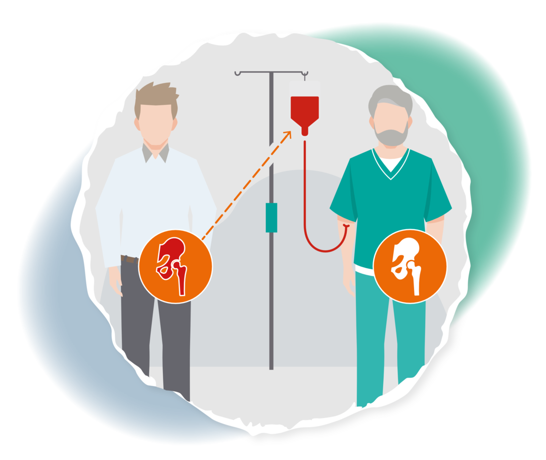 Schematische Darstellung zweier Männer. Einer von ihnen hängt an einem Infusionstropf mit einer roten Flüssigkeit darin.