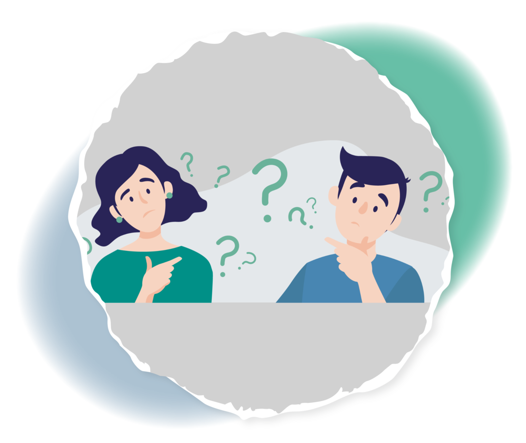 Schematische Darstellung eines Mannes und einer Frau. Um sie herum sind mehrere Fragezeichen abgebildet.