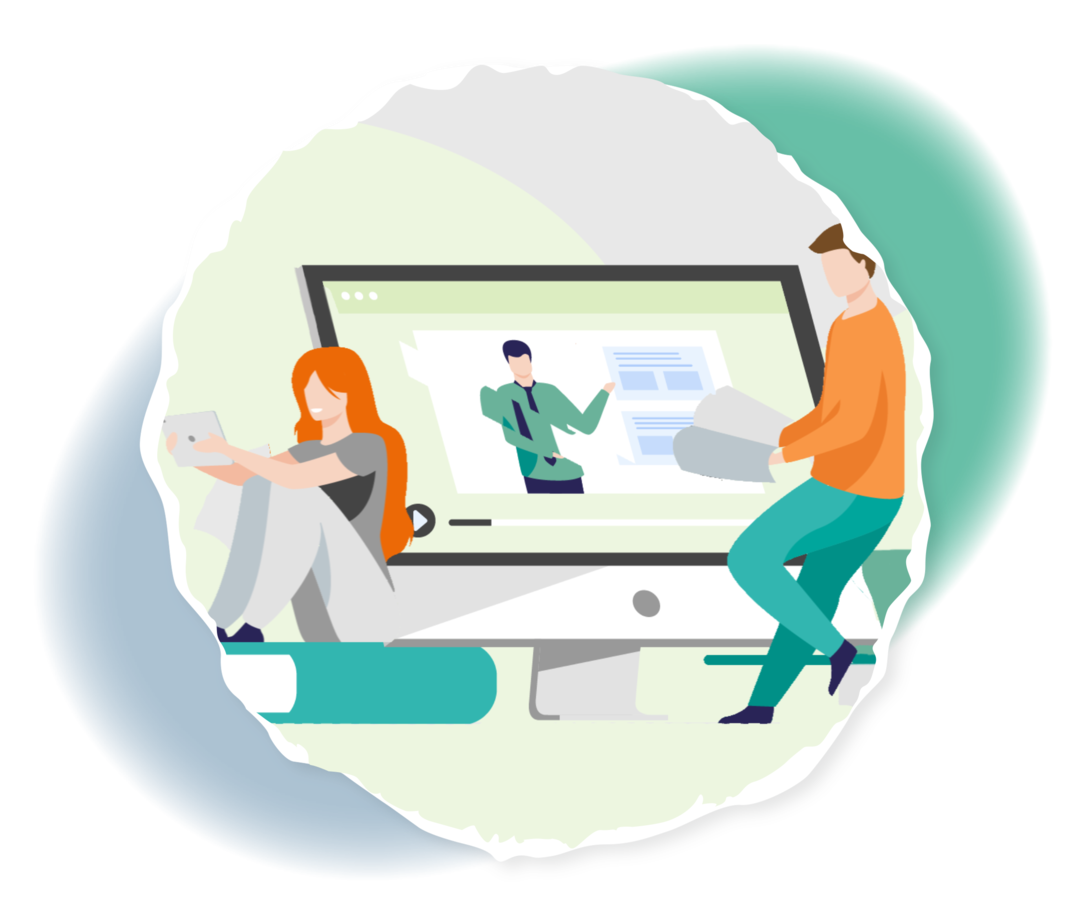 Grafische Darstellung mehrerer Personen mit Buch beziehungsweise Laptop. Um sie herum ein Computerbildschirm und Bücher in Übergröße.