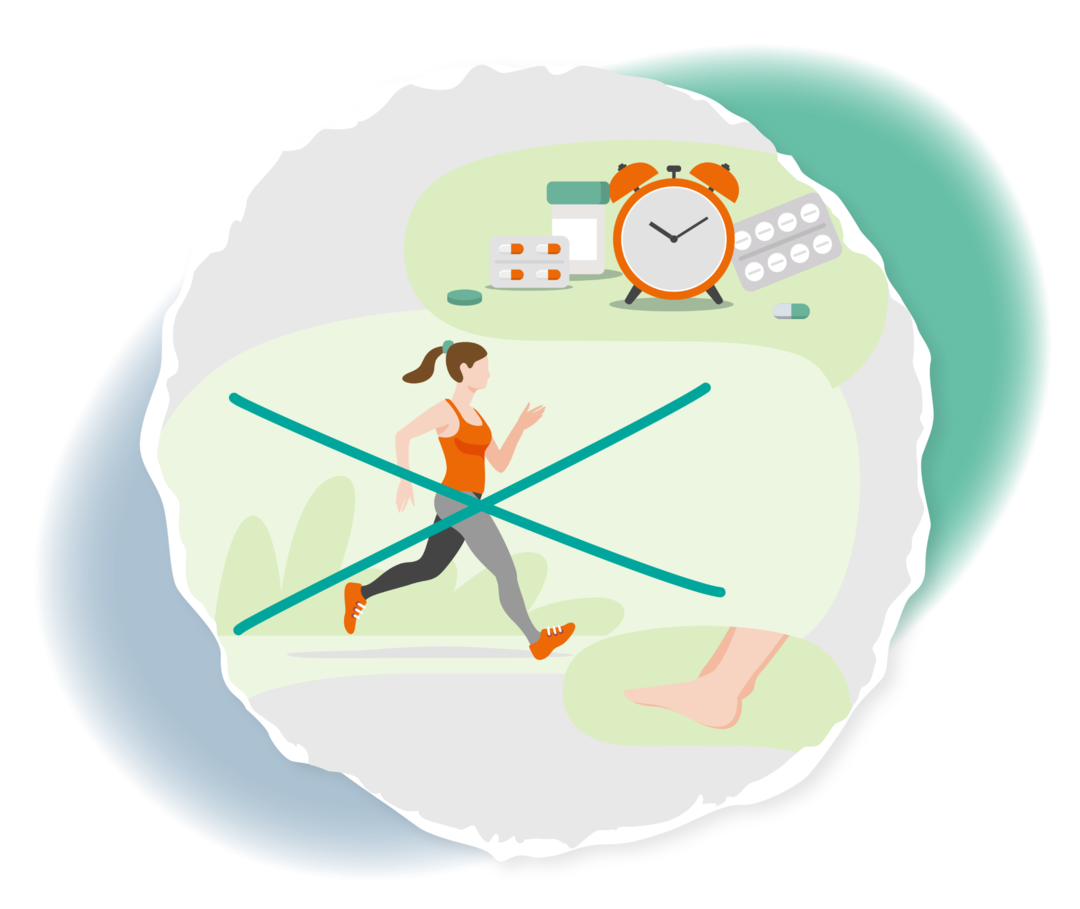 Leben mit CML: Einschränkungen im Alltag Grafische Darstellung einer Frau beim Joggen, die mit einem Kreuz durchgestrichen ist. Darüber sind ein Wecker und verschiedene Medikamente abgebildet.