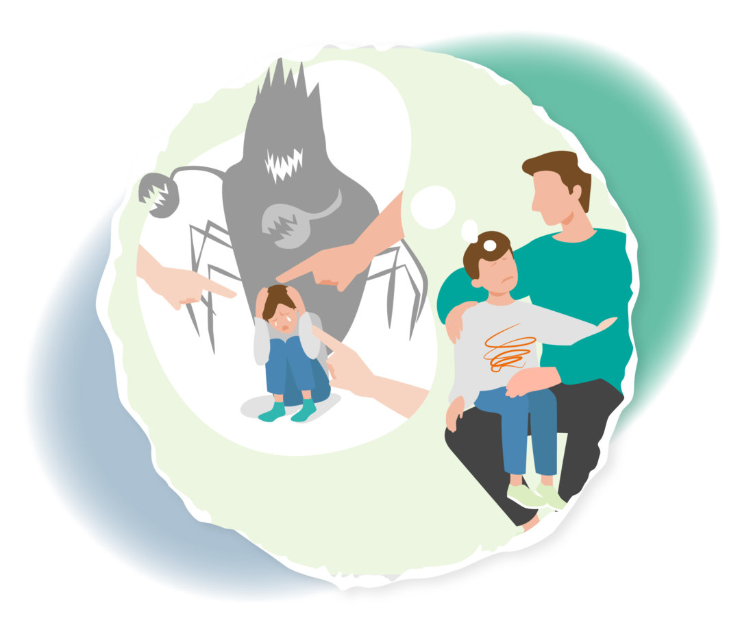 Schematische Darstellung eines Kindes auf dem Schoß eines Mannes. In einer nebenstehenden Gedankenblase ist eine monsterartige Gestalt dargestellt.